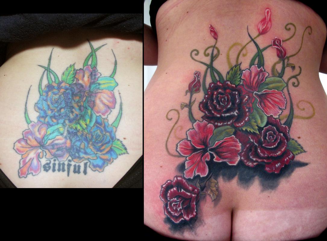 lower back flower coverup tattoo by Stefano Alcantara TattooNOW